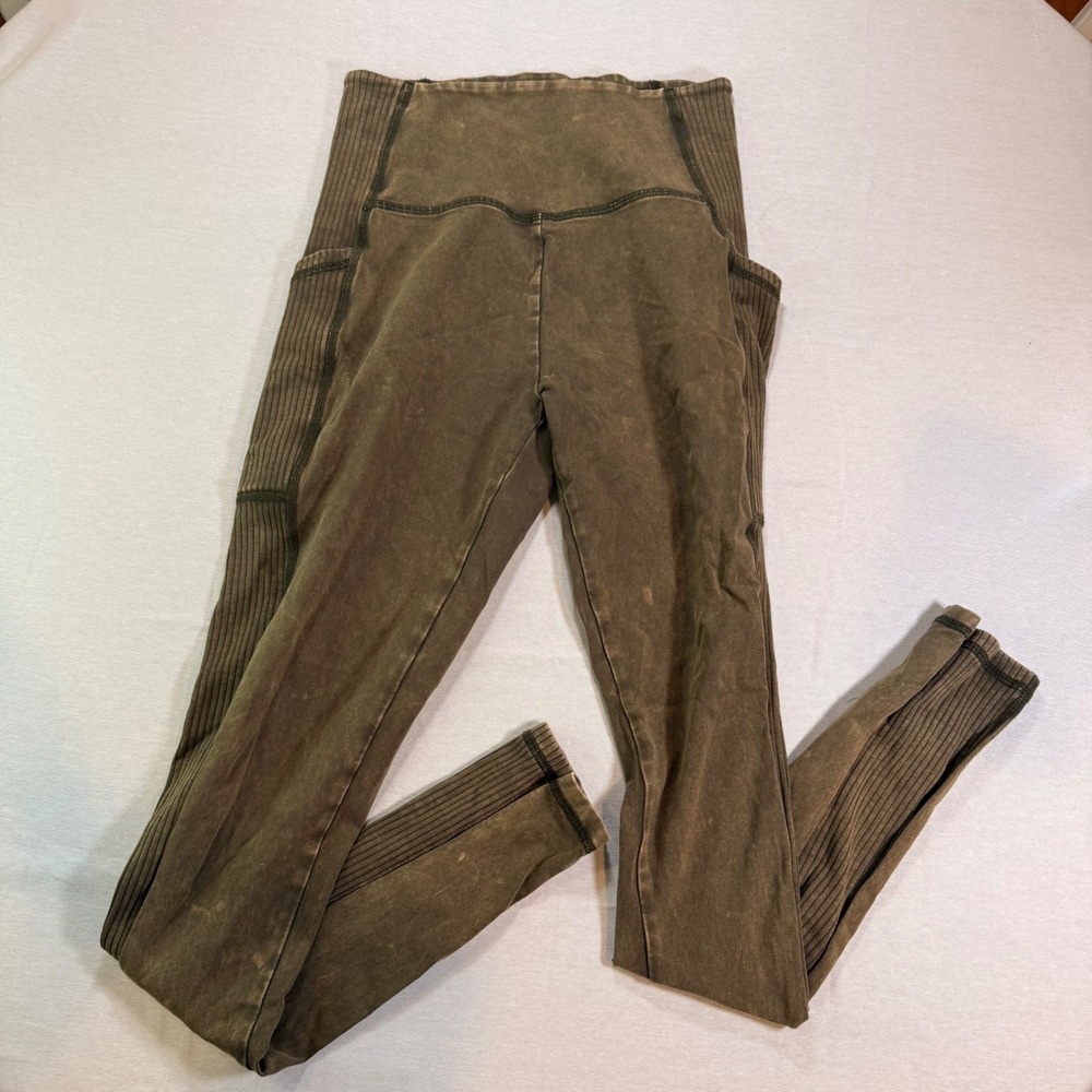 Aerie OFFLINE Leggings Women M Brown Ribbed Acid Wash High Rise Athleisure Yoga